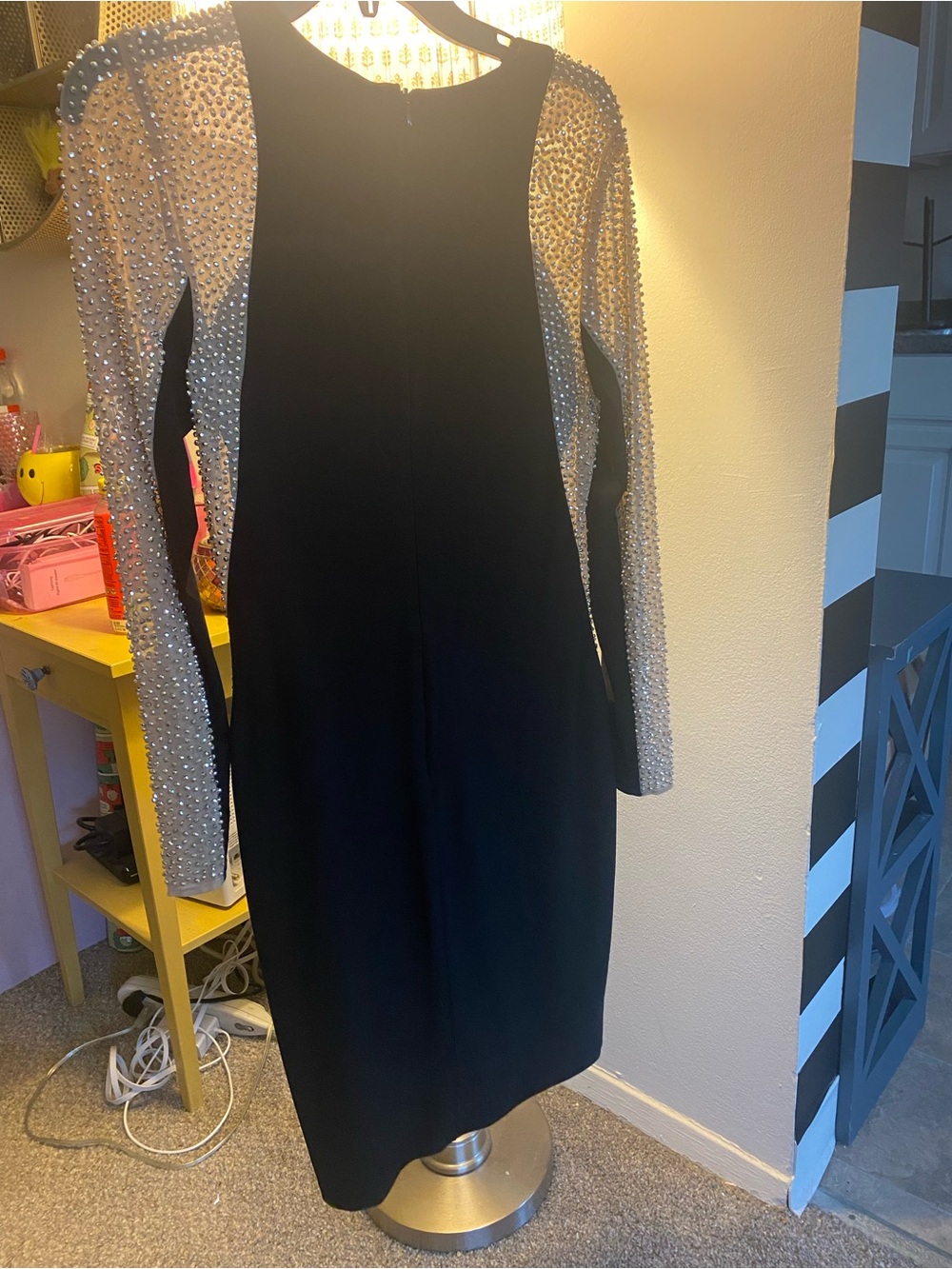 Xscape Black Dress with Embellished nude and Silver Sleeves